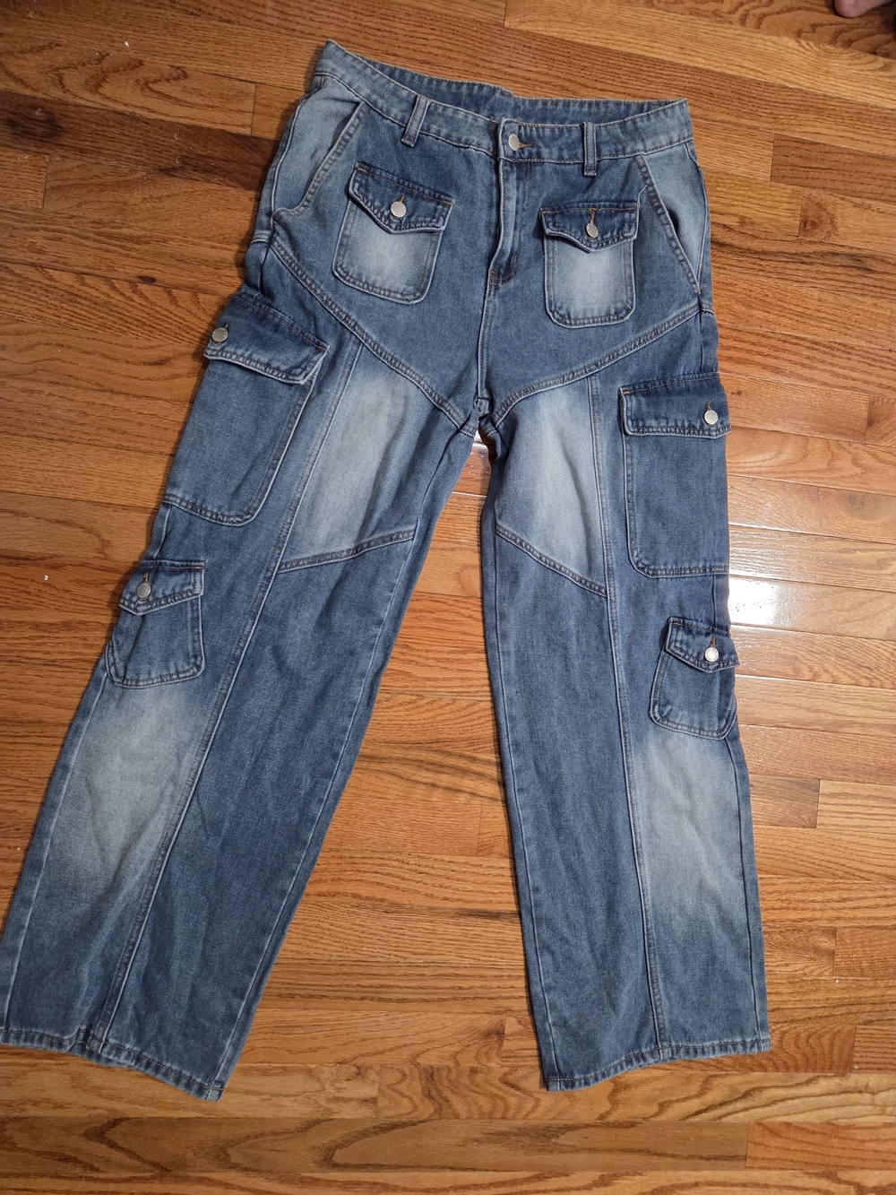 Men's Straight Blue Denim Cargo Jeans with Multi Pockets